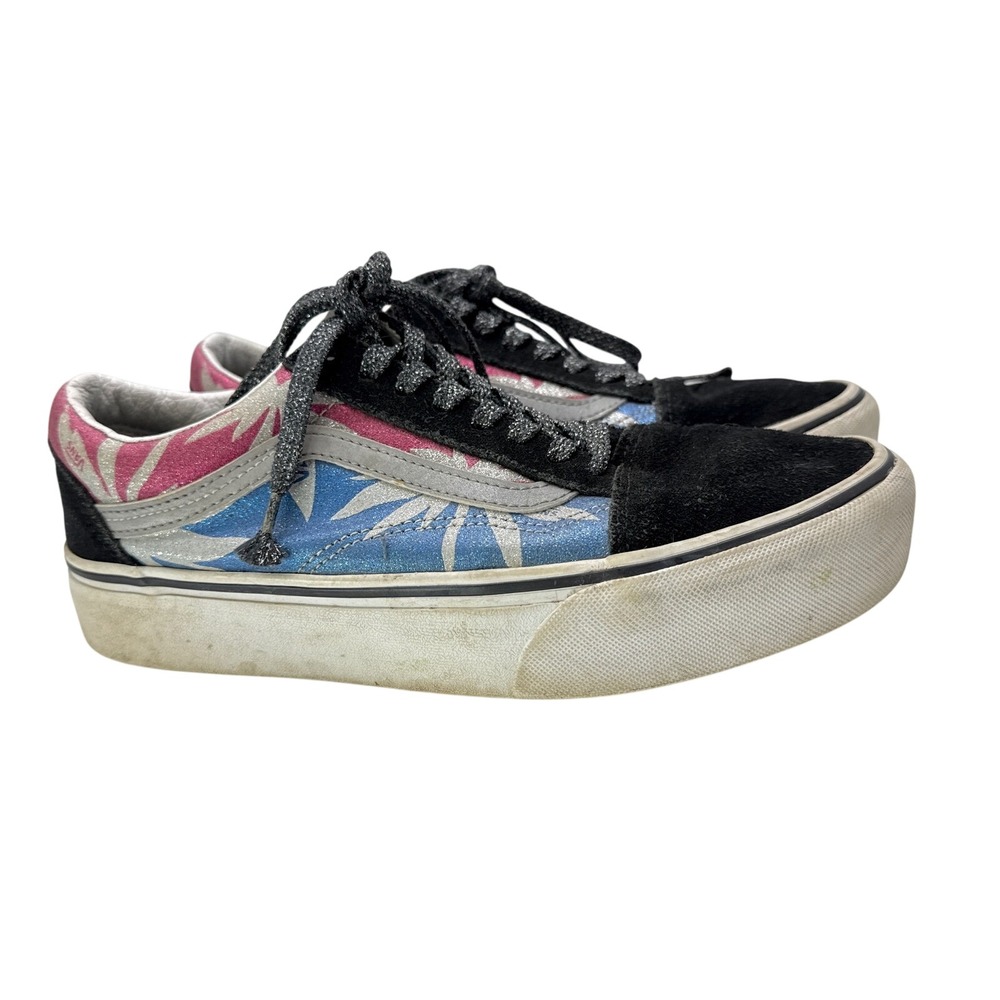 Vans Old‎ Skool Platform Glitter Palm Leaf Sneakers Black Pink Blue Womens 8.5